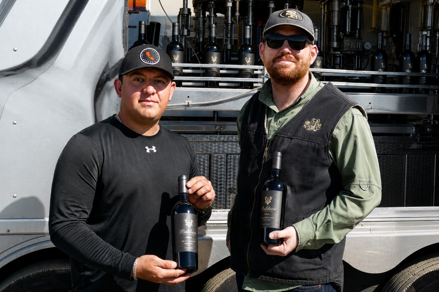 Hugo Garcia and Michael Baldacci with finished bottles in front of the mobile bottling truck