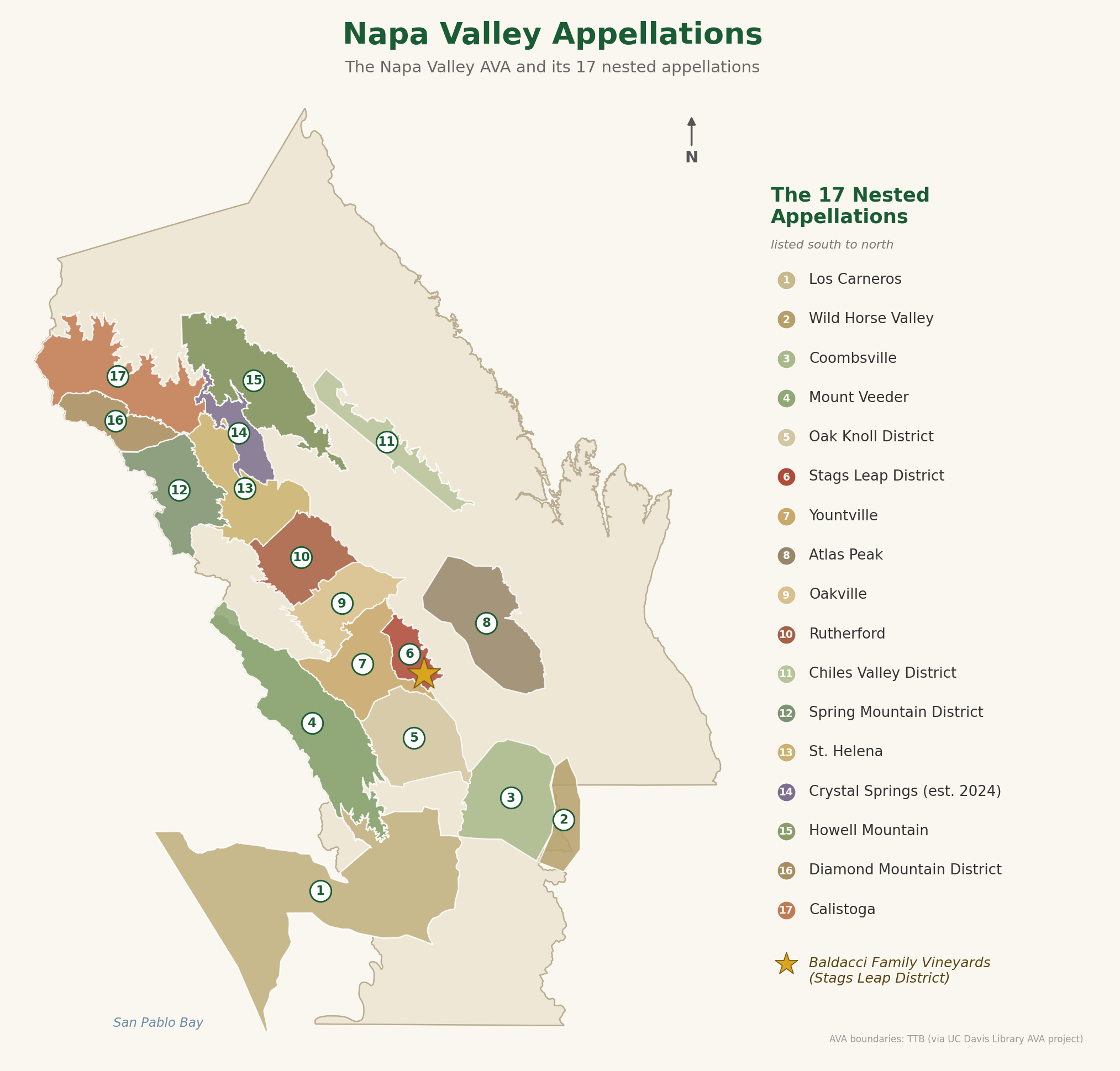 Napa Valley appellation map showing all 17 nested AVAs, from Los Carneros in the south to Calistoga in the north