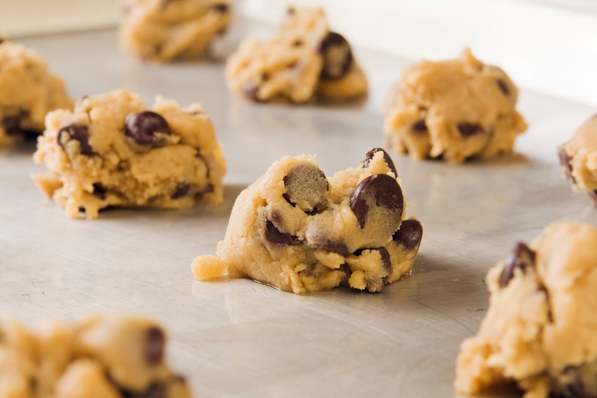 A baking tray with chocolate chip cookie dough