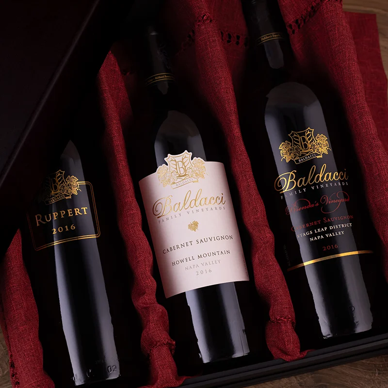 Baldacci Family Vineyards 2016 Winemaker’s Collection: A three-bottle set of pre-aged Napa Valley Cabernet Sauvignon featuring Ruppert, Howell Mountain, and Brenda’s Vineyard.