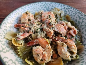 Grilled Salmon and Prawn Pasta Alfredo